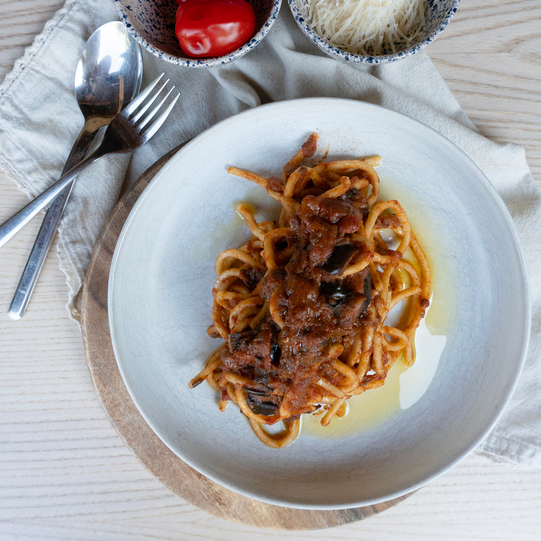 Spaghetto quadrato with eggplant caponata